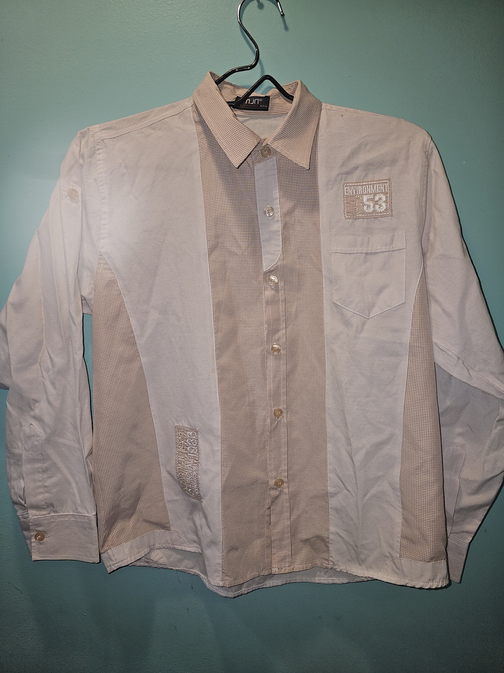 Boys Long Sleeve Button-Down Dress Shirt - Tan/Beige Patchwork Style Sz 10-12